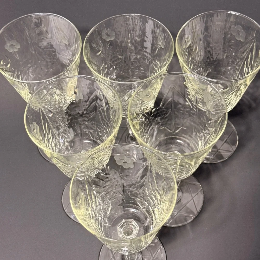 Vintage Libbey Rock Sharpe Crystal Wine Glass Water Goblet Set 6 Etched Floral